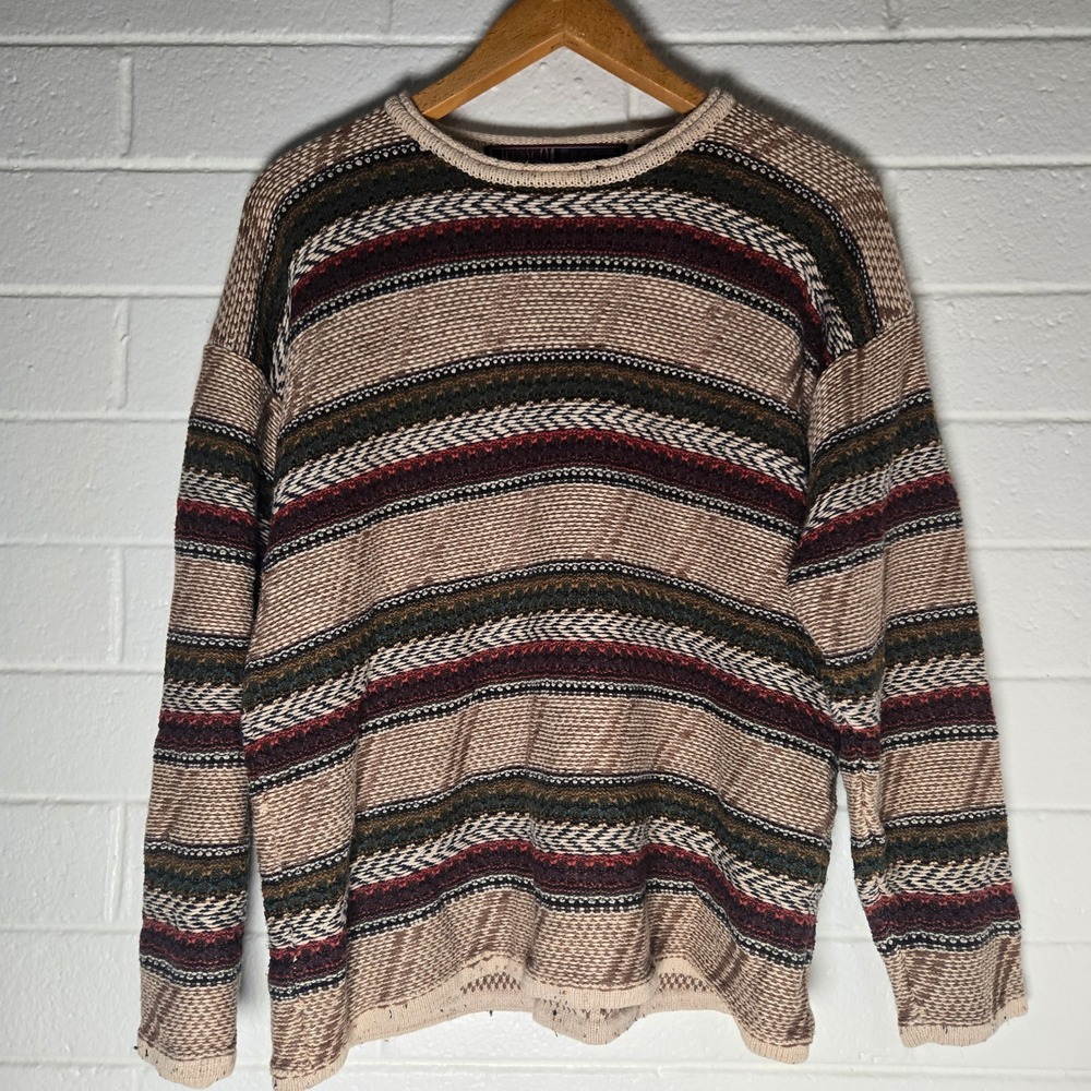 Vtg Oversize Striped Knit Sweater Large Multicolor 90s Grandpacore Granola Boho